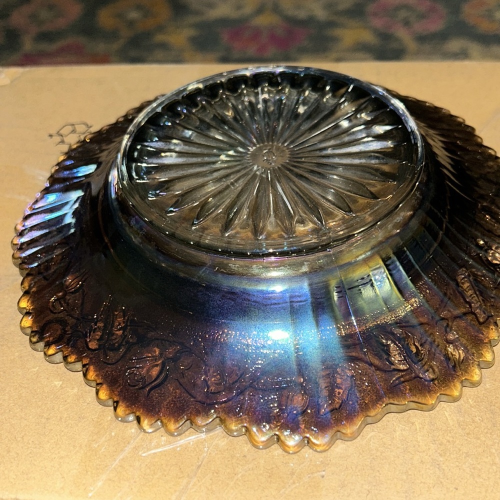 Imperial Glass Co. Lustre Rose Pattern Carnival Glass Round Butter Dish - Picture 6 of 10